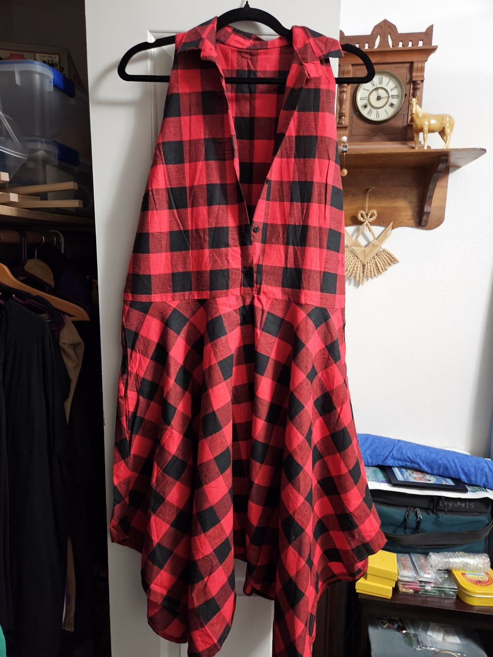 Sleeveless Red and Black Buffalo Plaid Flared Dress